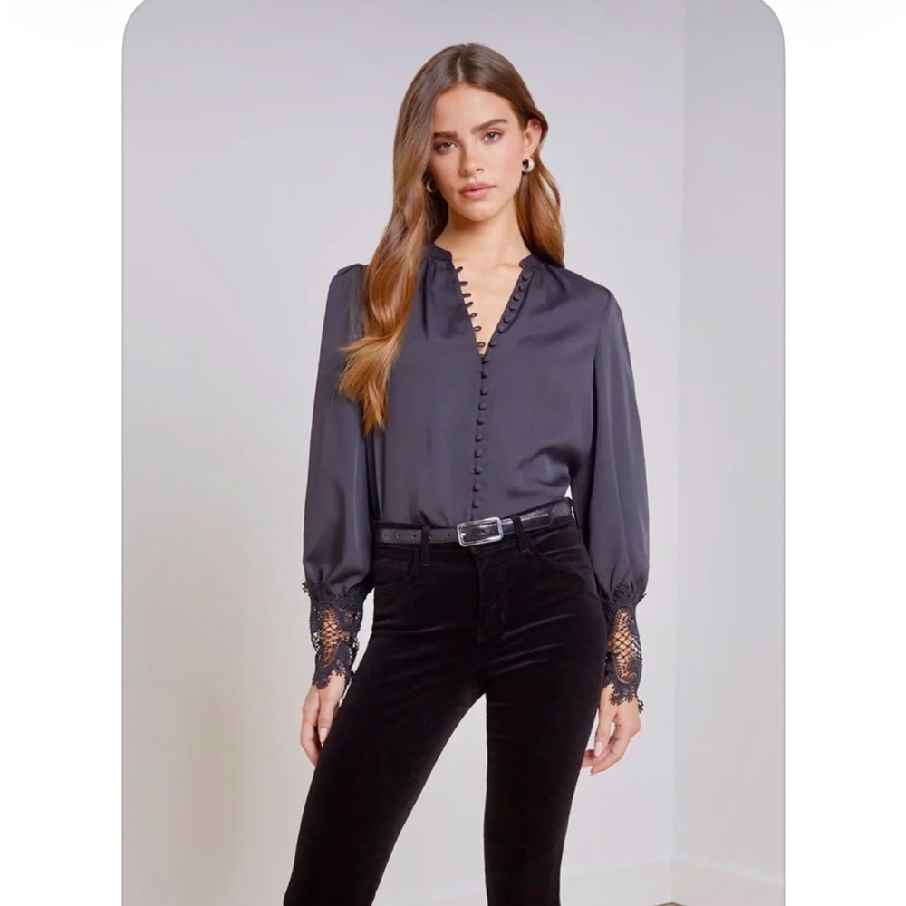 L'AGENCE Black Button-Down Blouse with Lace Sleeves